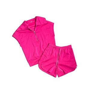 Pink Half Zip Sleeveless Cropped Sweatshirt & High Waisted Shorts Set Size Small
